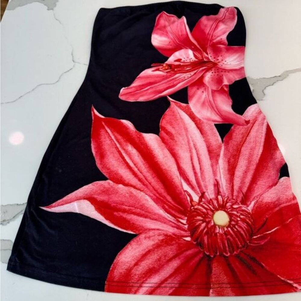Floral Strapless Dress with Red and Pink Flowers
